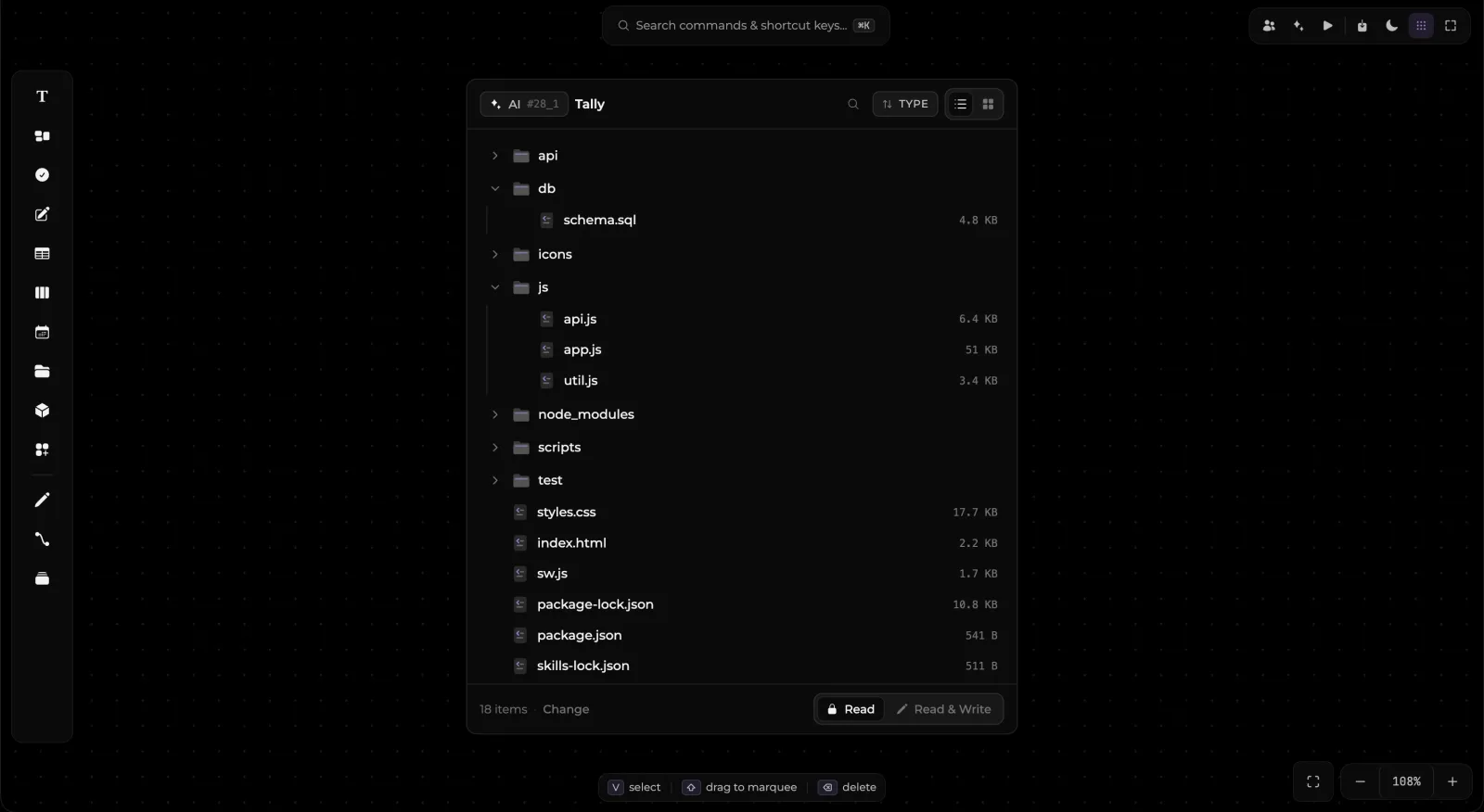 Umbra Access block linking a local folder to the canvas with live directory tree, file drag-and-drop, and read-write permissions