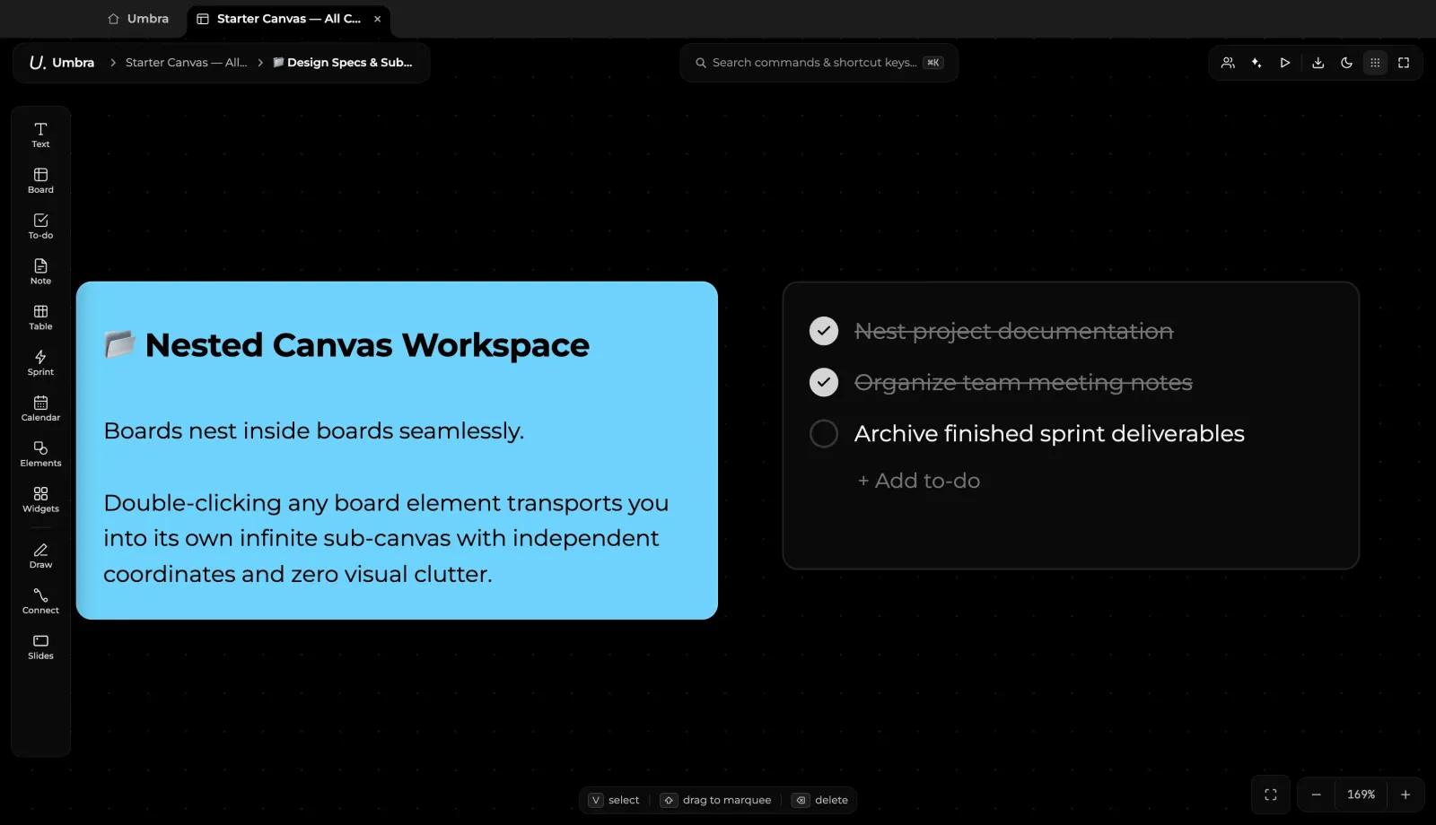 Nested sub-canvas in Umbra with breadcrumb navigation trail showing parent board and sub-canvas checklist
