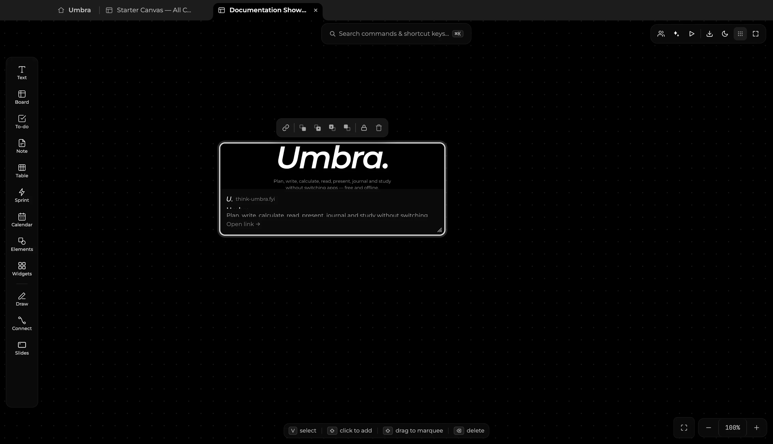 Web Bookmark card displaying rich OpenGraph preview, banner image, and favicon for think-umbra.fyi