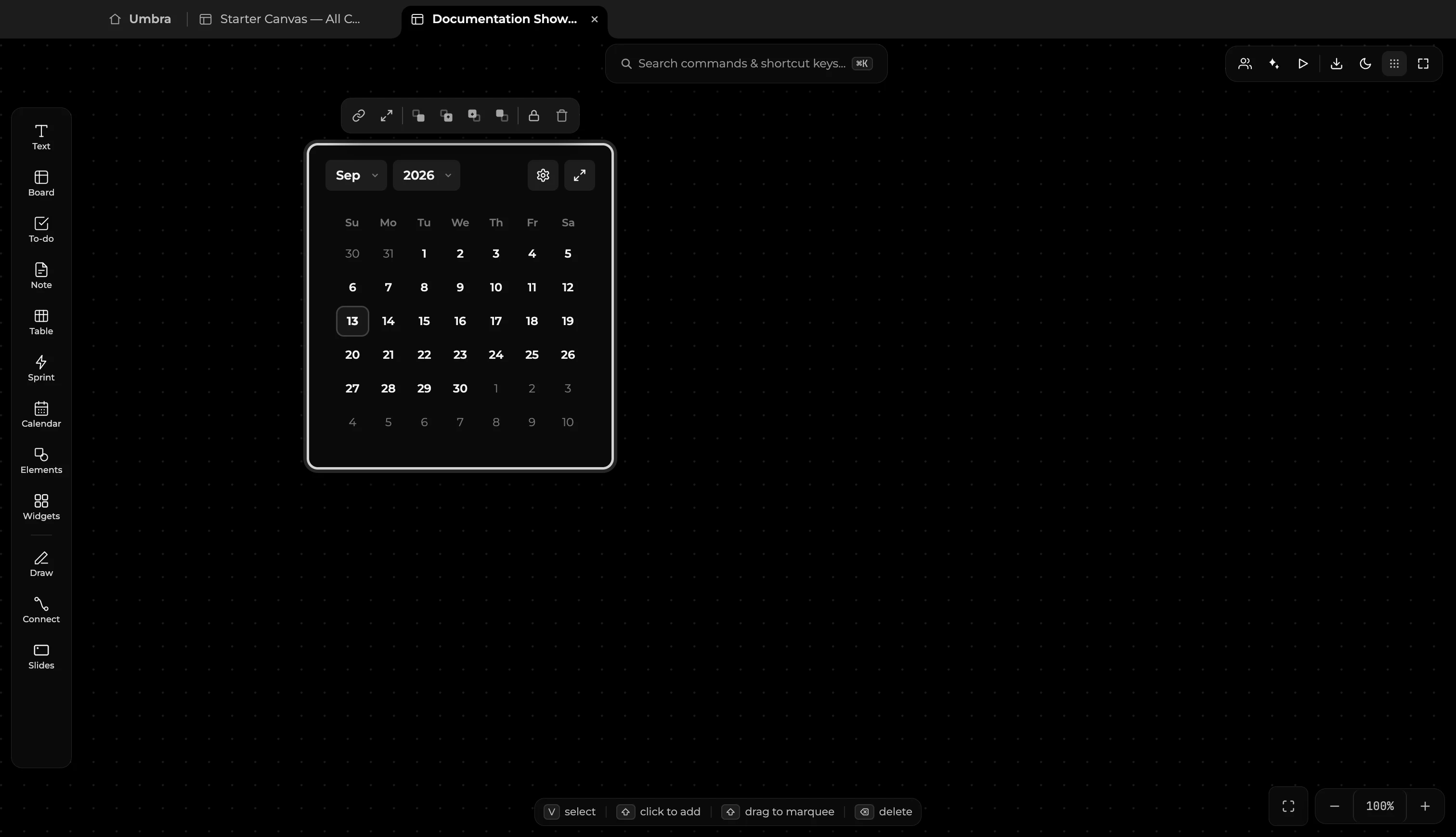The Calendar block placed on an empty canvas showing month view and date grid