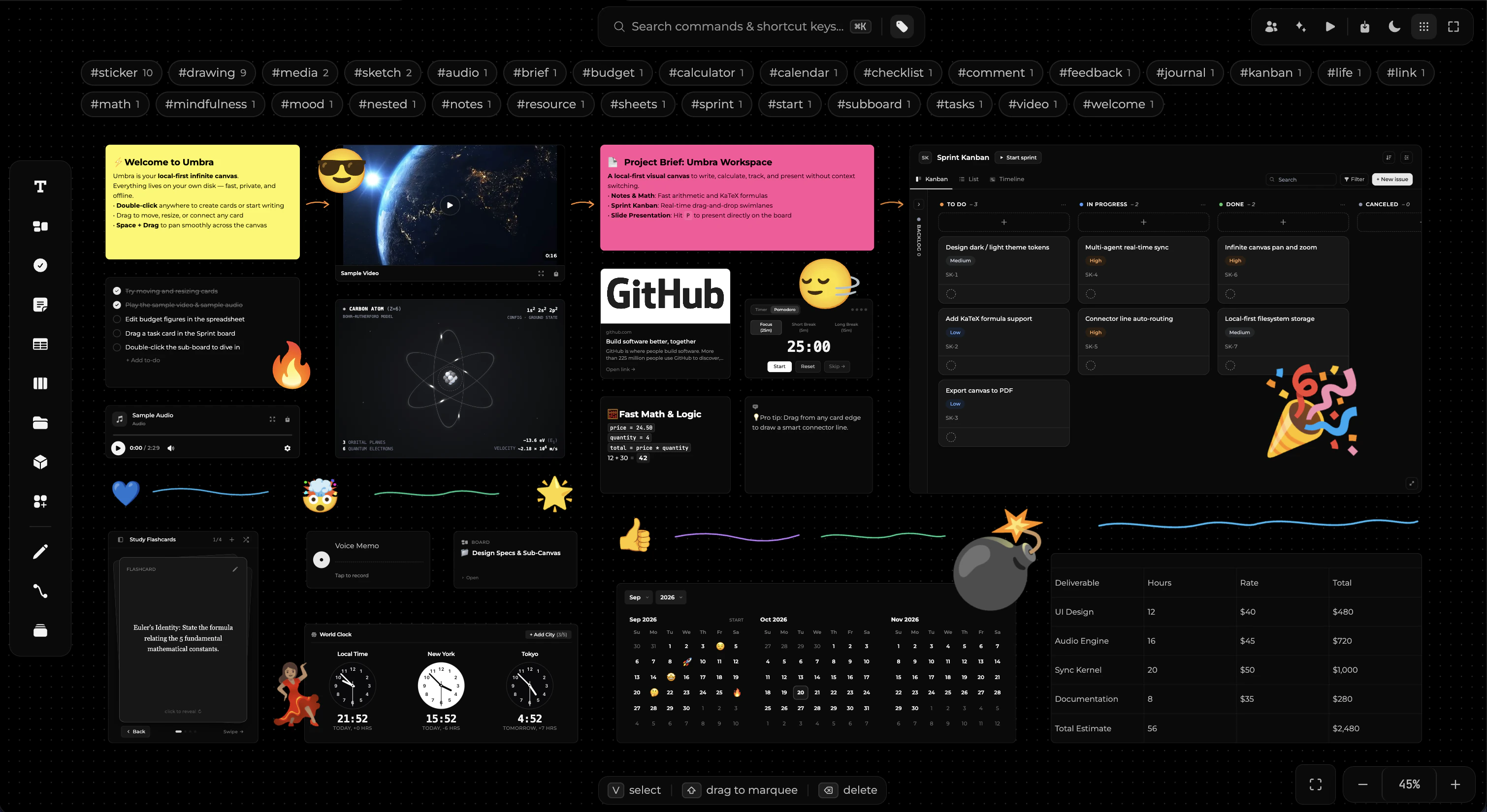 A complete workspace canvas in Umbra holding notes, spreadsheets, sprint kanban, live interactive atom, widgets and stickers