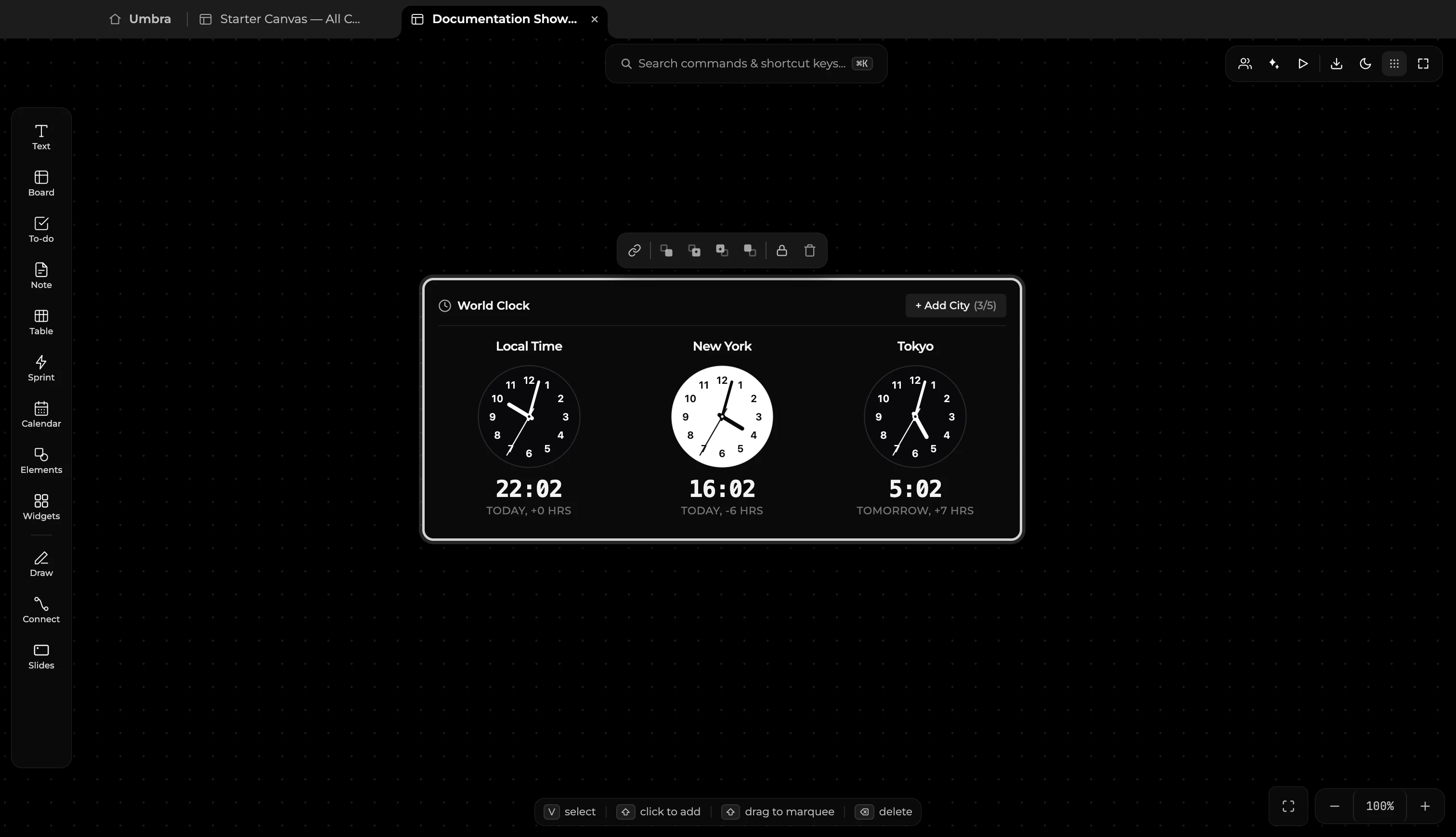 World Clock widget displaying Local Time, New York, and Tokyo with day and night analog dials and digital offsets