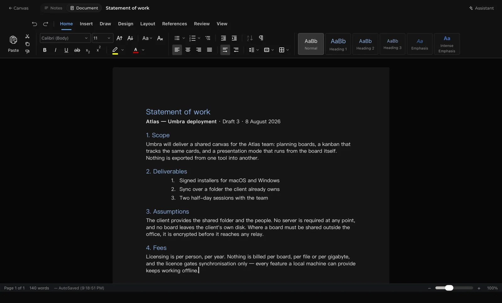 Umbra's word processor open on a statement of work, with a full ribbon and an A4 page