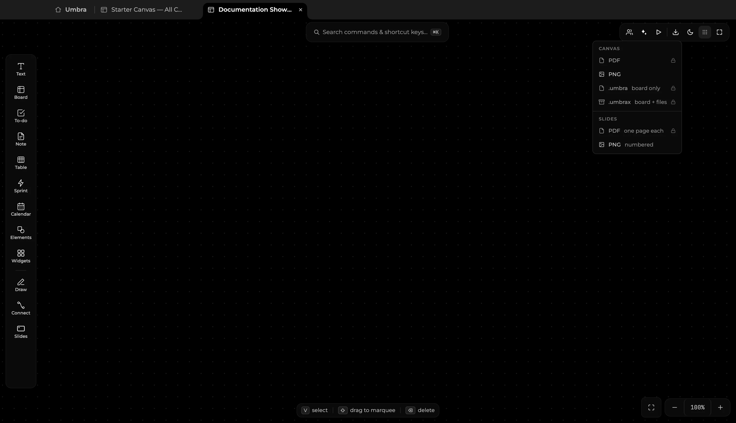 Umbra export menu open at top right, showing Canvas (PDF, PNG, .umbra, .umbrax) and Slides (PDF, PNG) export options