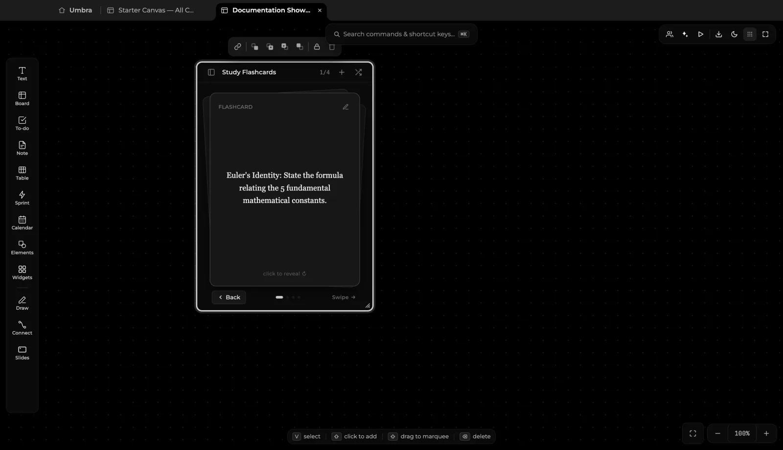 Umbra study flashcards widget with questions drawer and 3D card deck