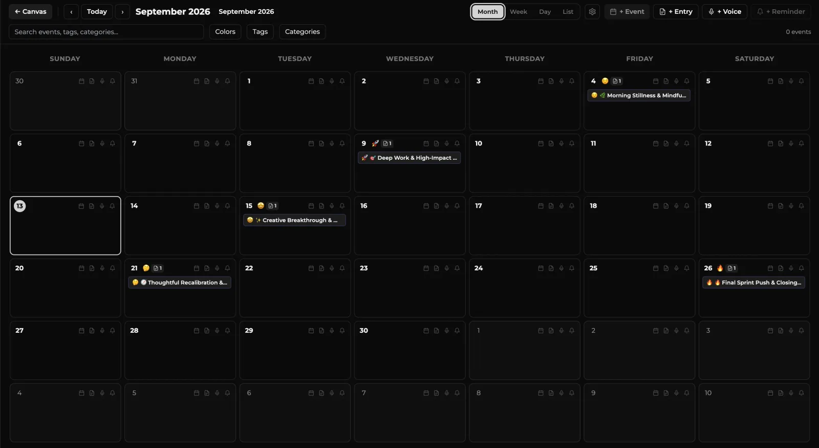 Full-screen Calendar and Journal planner with Month, Week, Day, and List views
