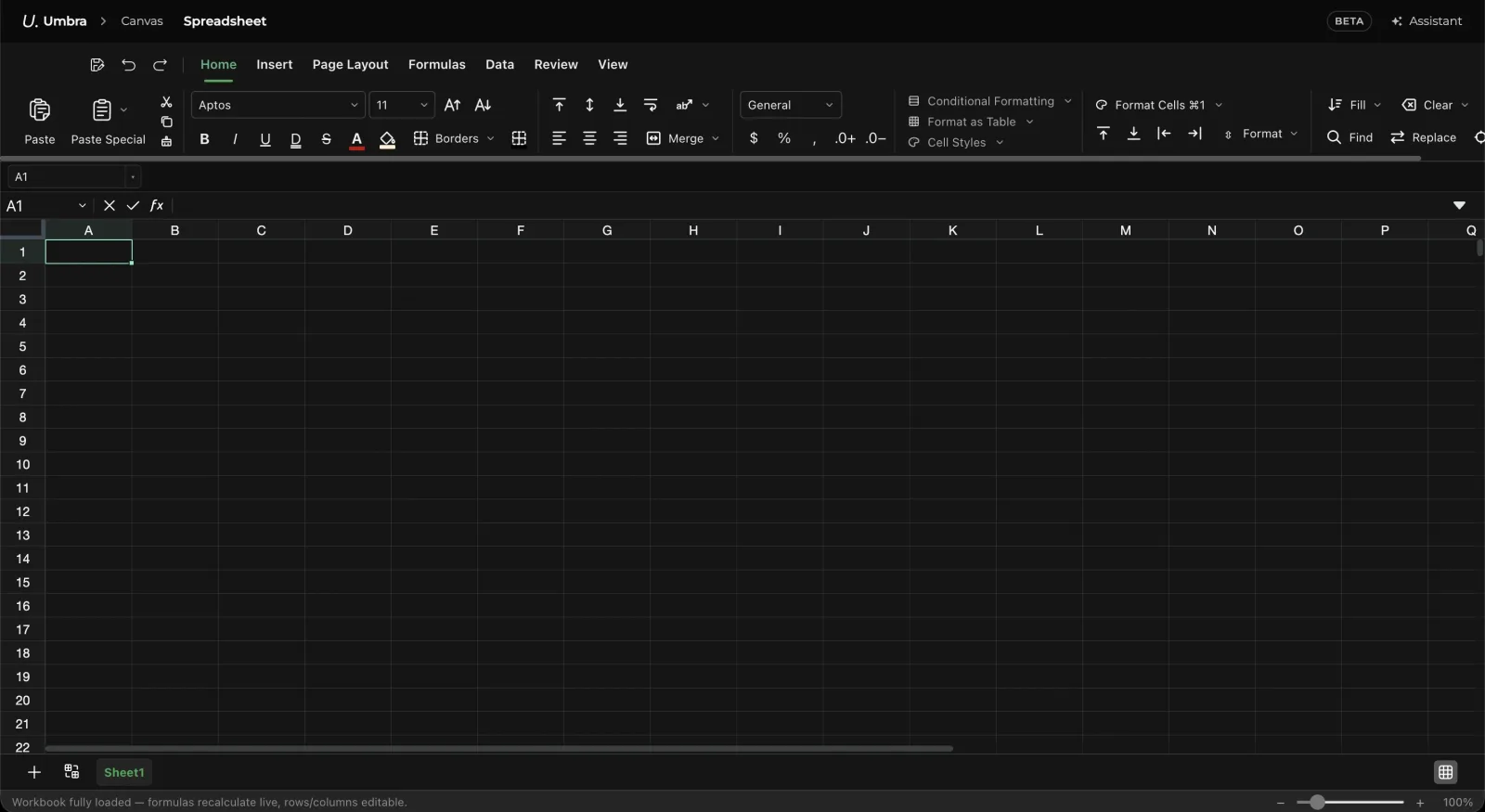 A spreadsheet open in Umbra with formulas, a formula bar and two sheet tabs