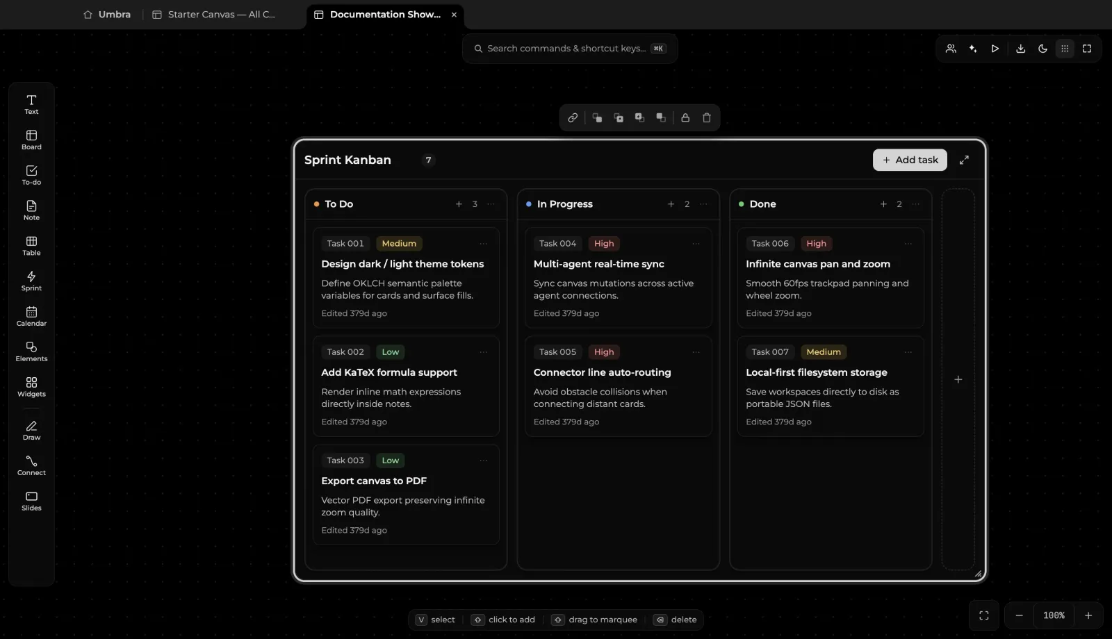Agile Sprint Kanban board in Umbra with To Do, In Progress, and Done columns, story points, and priority badges