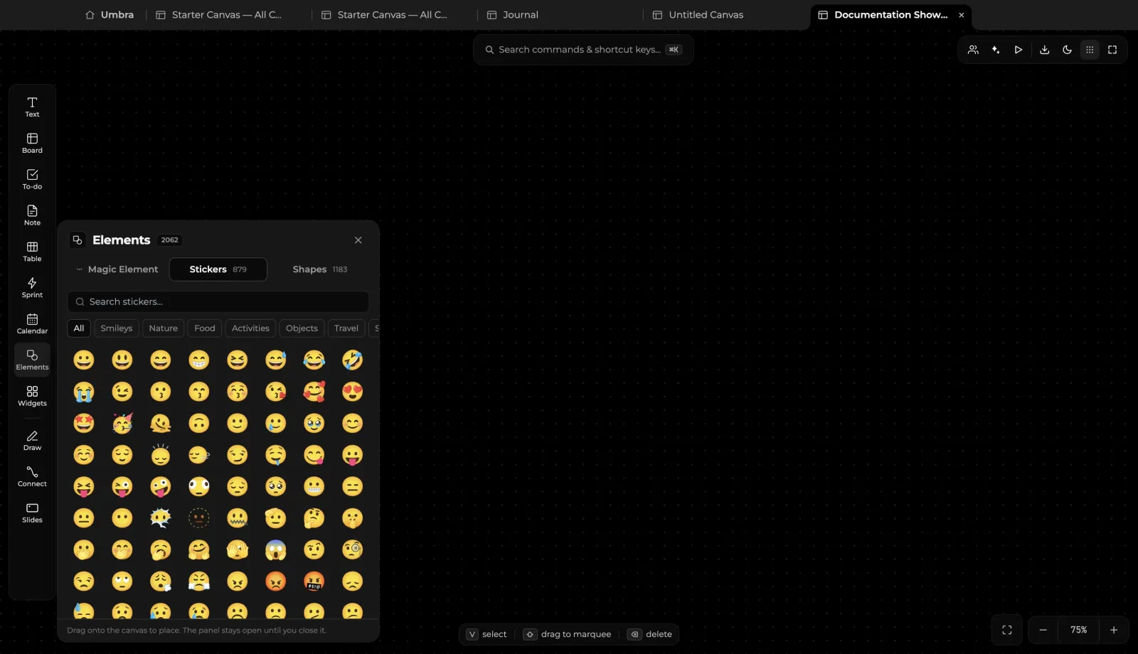 Stickers and iconography drawer in Umbra with searchable emoji and illustration categories