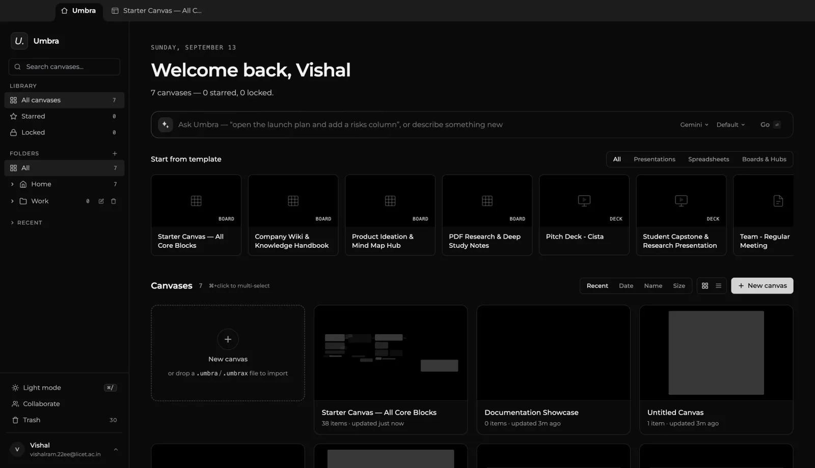 Umbra Home template picker and canvas library showing pre-built templates for Think, Present, Work, and Life