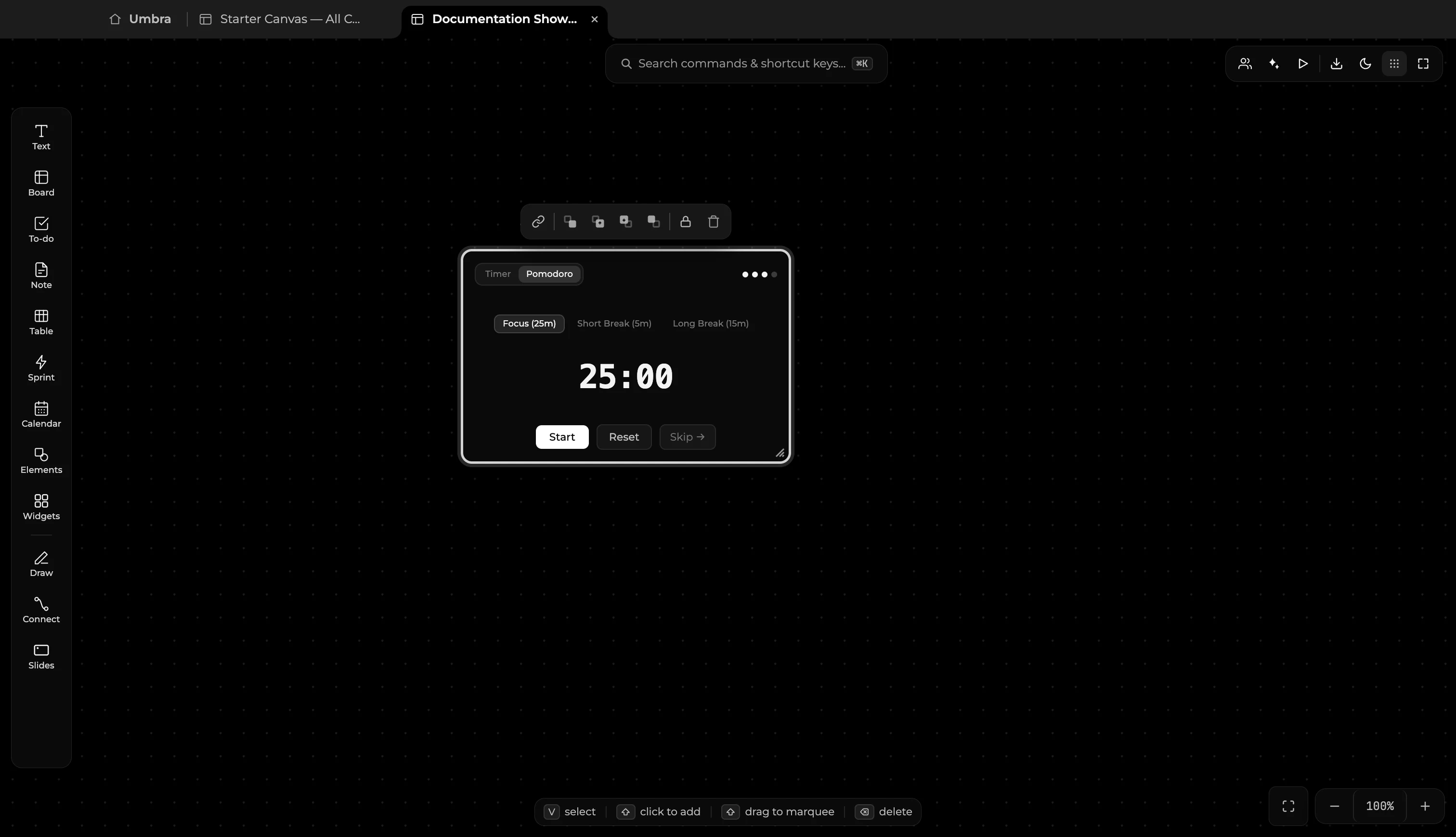 Focus and Pomodoro Timer widget with 25-minute countdown, interval presets, and cycle indicators
