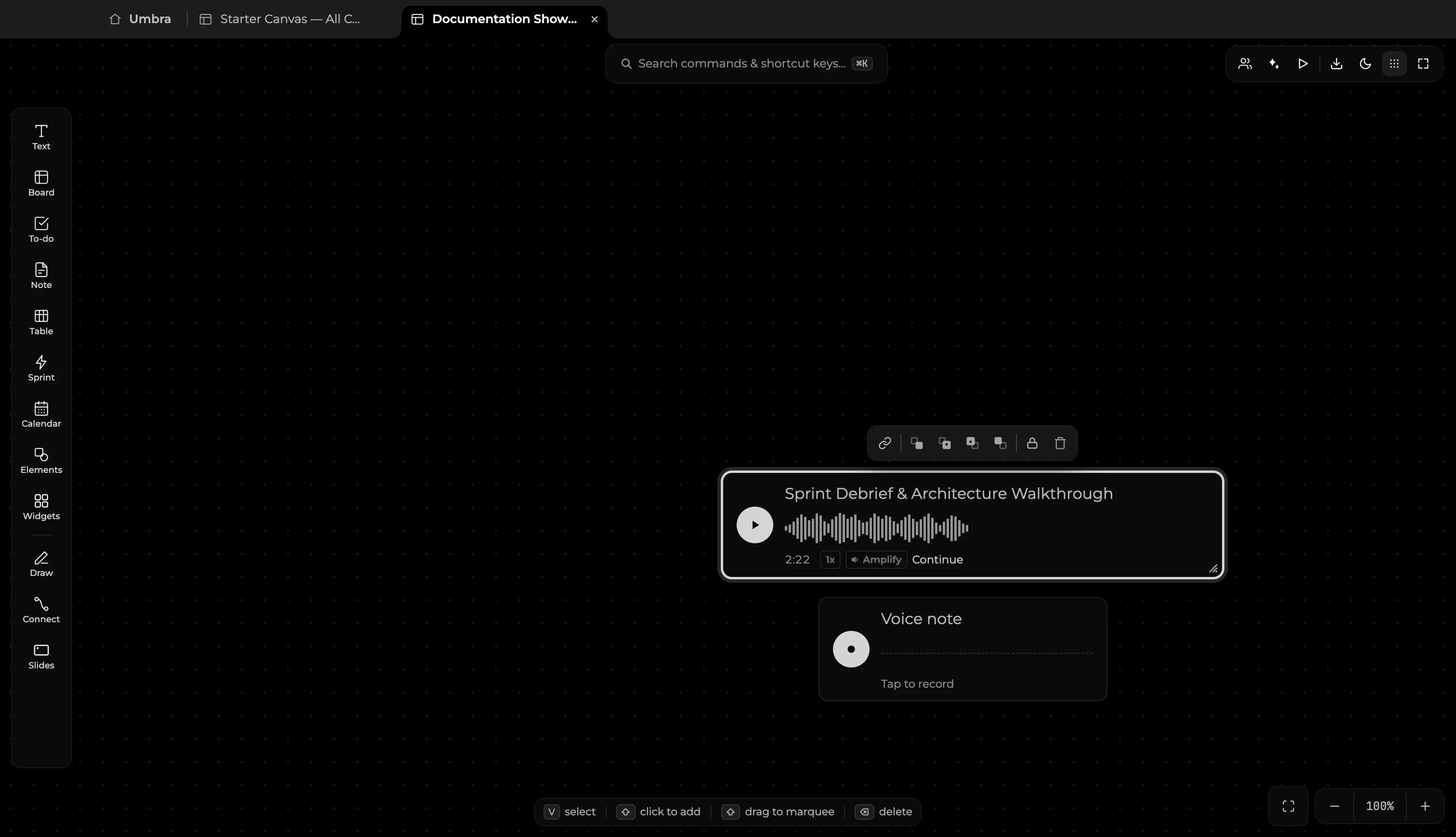 Voice Memo audio card on canvas with waveform visualizer, duration timer, playback speed, and amplification