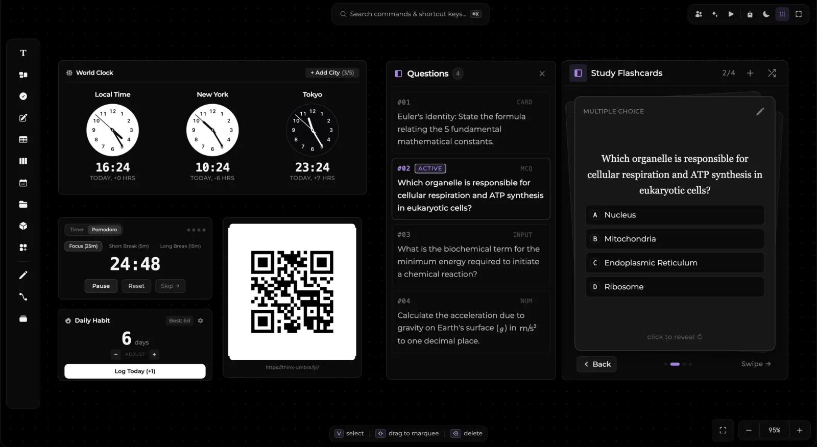 Umbra productivity widgets on canvas showing World Clock, Pomodoro Timer, Habit Streak counter, QR Code, and Study Flashcards