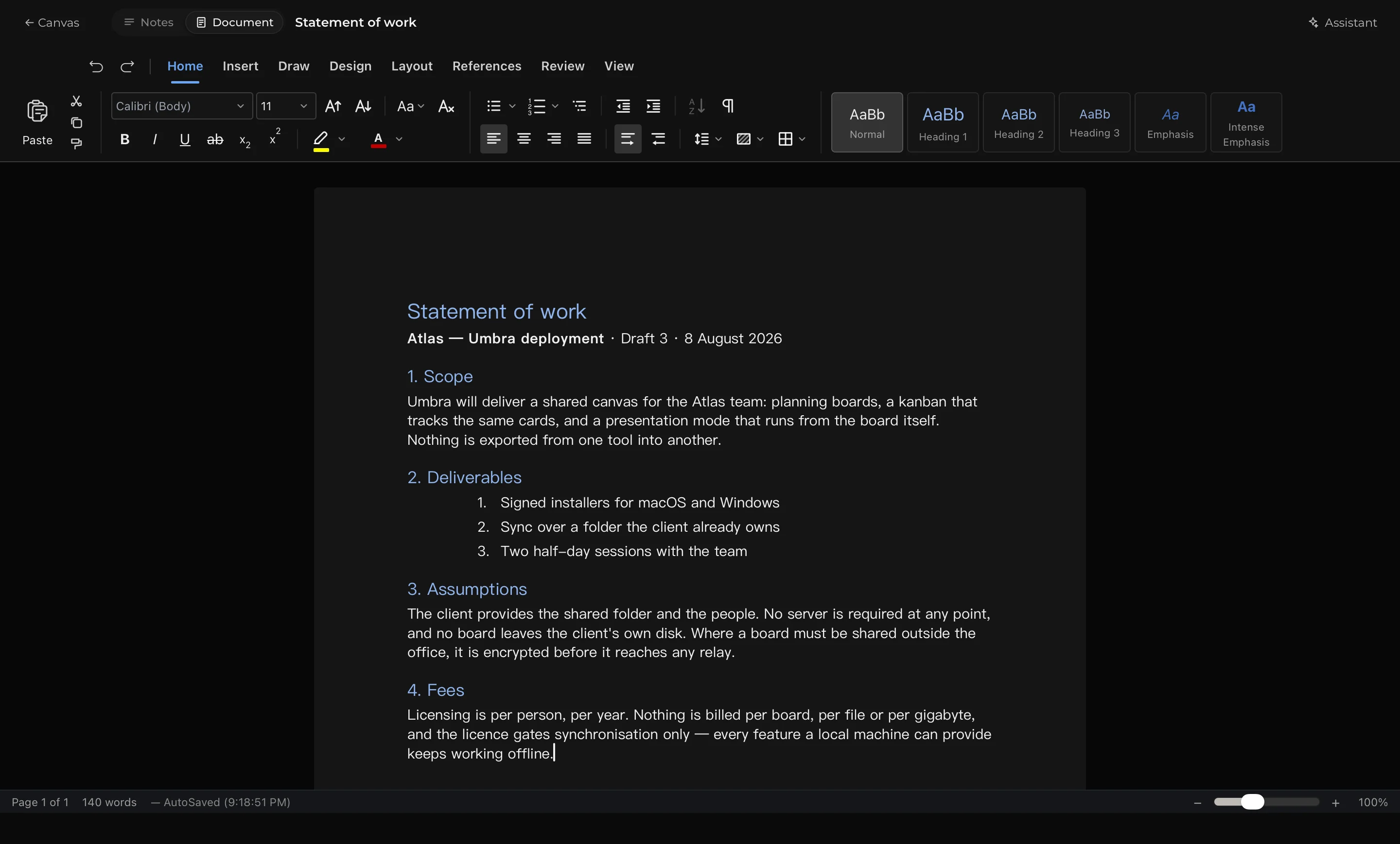 Umbra's word processor open on a statement of work, with a full ribbon and an A4 page