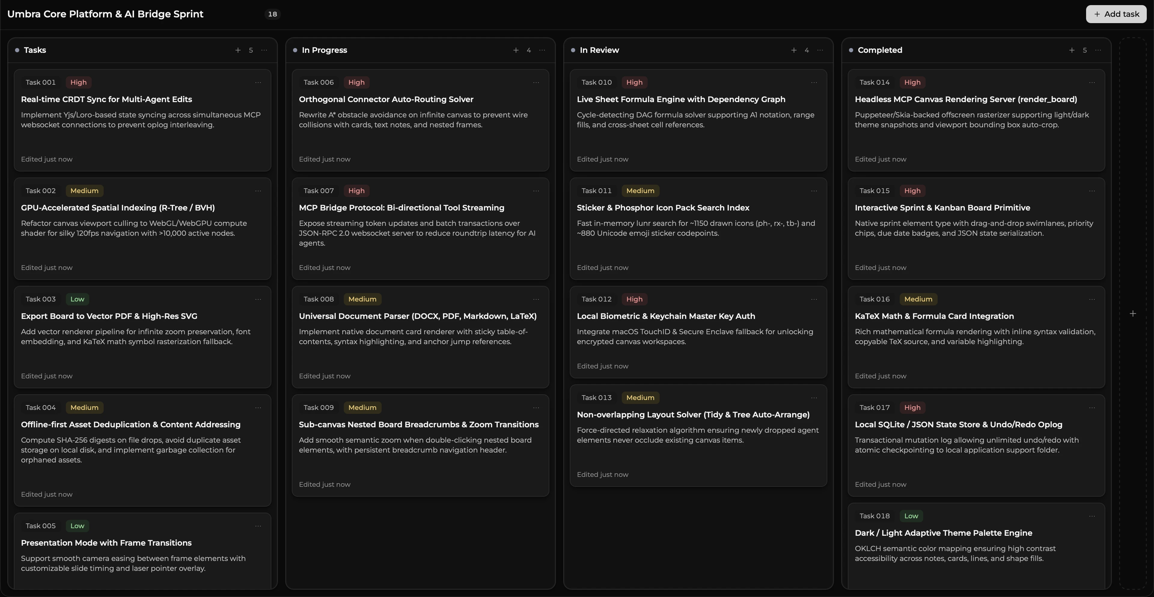 An Umbra sprint kanban board with backlog, in progress, code review, QA and done columns, tagged task cards, and WIP limits